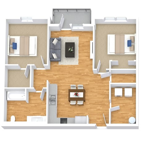 Floor plan for 2 beds, 1 bath, 839 sqft